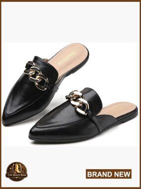 Pointed Toe Flat Mules with Metal Chain Decor Slip On Loafers Backless Shoes